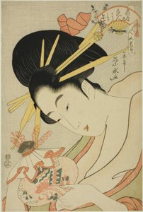 Die Kurtisane Hanahito von Ogiya und die Begleiterinnen Sakura und Momiji, aus der Serie "Schönheiten der fünf Feste" von Ichirakutei Eisui