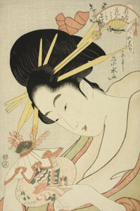 Die Kurtisane Hanahito von Ogiya und die Begleiterinnen Sakura und Momiji, aus der Serie Schönheiten der fünf Feste von Ichirakutei Eisui