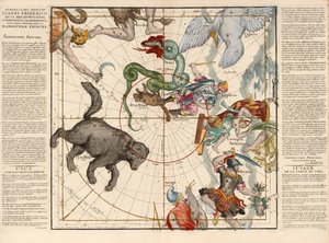 Nordpol, Tafel 1 aus Globi coelestis in tabulas planas redacti descriptio, veröffentlicht 1674 (handkolorierter Stich)