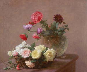 Mohnblumen in einer Kristallvase oder Korb mit Rosen, 1890