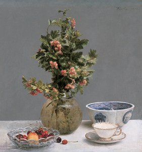 Stillleben mit Weißdornvase, Schale mit Kirschen, japanischer Schale und Tasse mit Untertasse