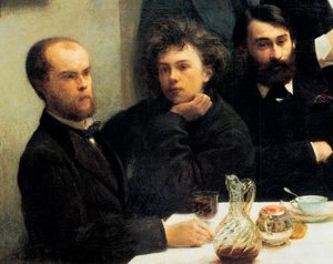 Tischecke: von links nach rechts: Paul Verlaine, Arthur Rimbaud, Elzear Bonnier. (Gemälde, 19. Jahrhundert)