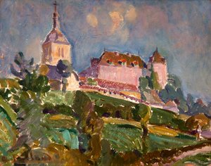Blick auf das Schloss und die Kirche von Gruyères, ca. 1925-30 von Ignace Nazaire Oswald Pilloud