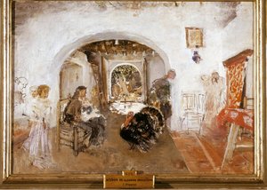 Inneres eines Bauernhofs in Valencia in Spanien. Gemälde von Ignacio Pinazo Camarlench