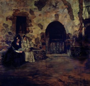 Zwei Frauen mit Mantilla und Fächer an der Tür eines Bauernhauses – 20. Jahrhundert von Ignacio Zuloaga y Zabaleta