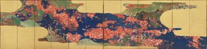 Ahornblätter auf einem Bach, sechsteilige Leinwand, Edo-Periode, 1856-58