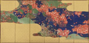 Ahornblätter auf einem Bach, sechsteilige Leinwand, Edo-Periode, 1856-58 von Ikeda Koson