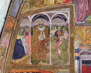Der heilige Franziskus bittet Papst Honorius III. um die Bestätigung des Ablasses, Fresko aus der Porziuncola, 1393