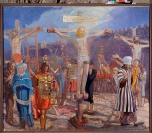 Die Kreuzigung. Darstellung des guten und des schlechten Schächers, die mit Jesus Christus gekreuzigt wurden