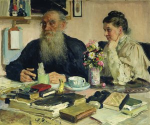 Leo Tolstoi mit seiner Frau in Jasnaja Poljana, 1907 von Ilya Efimovich Repin