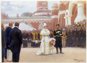 Nikolaus II. (1868-1918) und seine Frau Alexandra Fjodorowna (1872-1918) empfangen die Ältesten des ländlichen Bezirks am 18. Mai 1896 im Hof des Petrowski-Palastes in Moskau von Ilya Efimovich Repin