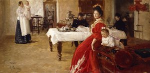Die Tochter des Künstlers, Tatiana und ihre Familie in einem Innenraum von Ilya Efimovich Repin