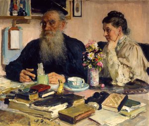 Der Autor Leo Tolstoi mit seiner Frau in Jasnaja Poljana von Ilya Efimovich Repin