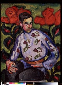 Porträt eines jungen Mannes mit einem Blumenhemd von Ilya Ivanovich Mashkov
