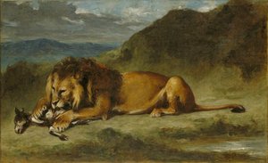 Löwe, der eine Ziege verschlingt von Imitator of Eugène Delacroix