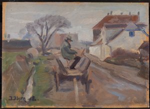 Der Maler Ølund Hansen sitzt in einem Wagen und malt von Immanuel Ibsen