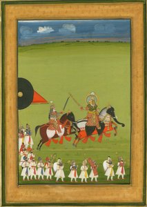 Rajah und Sohn auf Pferden als Elefanten verkleidet, und Gefolge, um 1810 von Indian Art