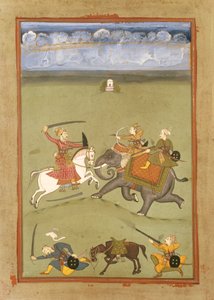 Ein Prinz kämpft gegen seine Feinde auf einem Elefanten, ca. 1710 von Indian School
