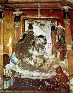 Ein fürstliches Paar in einem Palast, aus dem Inneren der Höhle 17 von Indian School