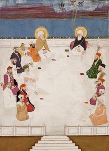 Eine Gruppe indischer Heiligen und Heiliger, darunter Mullah Shah und Aurangzeb, sitzend