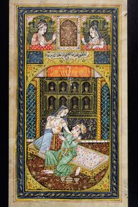 Ein Mann umwirbt eine Frau in einer luxuriösen Umgebung, Rajasthani-Miniaturmalerei von Indian School