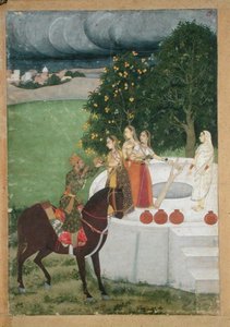 Ein berittener Prinz erhält Wasser von Damen an einem Brunnen, Miniatur aus Murshidabad, ca. 1760 von Indian School