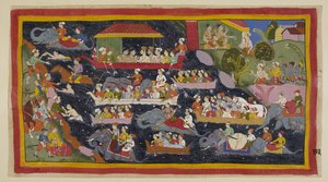 Die beiden Prinzen haben nun beschlossen, Asketengewänder wie ihre verbannten Brüder zu tragen. Noch in ihrem Lager auf der rechten Seite sagt Bharata zu Guha, er solle genug Boote holen, um sie alle auf das gegenüberliegende Ufer des Ganges zu bringen, ca von Indian School