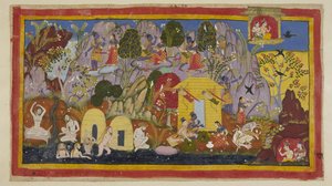 In der Zwischenzeit ist alles friedlich mit den Exilanten in ihrer Unterkunft auf dem Citrakuta-Berg. Rama zeigt Sita die Schönheiten des Berges - die vielen Arten von schönen Bäumen und Vögeln, die durch Edelsteine und Mineralien gefärbten Felsen und den 