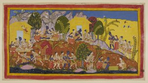 Oben in der Mitte werfen sich Bharata und Shatrughna zu Füßen von Rama, der seine jüngeren Brüder umarmt und ihre Köpfe riecht. Rama nimmt sie auf seinen Schoß, während er nach ihrem Wohlbefinden und dem ihres Vaters fragt. von Indian School