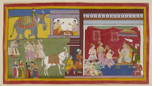 Dasaratha, auf dem Thron im Durbar, erzählt den Brahmanen Vasistha und Vamadeva und seinem Minister Sumantra von seiner Absicht, seinen Thron an Rama als Regenten zu übergeben; links rufen diese drei Rama und Laksmana. Oben beginnen vier Brahmanen. von Indian School