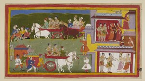 Die Prozession kehrt nach Ayodhya zurück, entlang des unteren Randes des Gemäldes, die traurige und verlassene Stadt ist der Zufluchtsort von Katzen und Eulen. Bharata und Shatrughna verabschieden sich von den Königinnen und sagen Vasistha, dass sie sich z