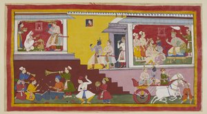 Add 15296 (1) f.14r, Rechts sagt Dasaratha erneut zu Rama, dass er ihn zum König machen wird, mit Vasistha, Laksmana, einem anderen Brahmanen und Ministern anwesend. Rama und Laksmana verlassen dann den König, um Kausalya zu besuchen, die links in Weiß gek