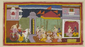 Vasistha kommt im Palast von Rama an und berät ihn, eine Fastennacht zu beobachten von Indian School