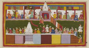 Add 15296 (1) f.16r, In der Hauptstraße der Stadt Ayodhya dekorieren die aufgeregten Händler ihre Geschäfte mit ihren feinsten Brokaten, während die Menschen auf die Dächer der Häuser und über die Tempel klettern, um den besten Blick auf die Krönungsprozes von Indian School