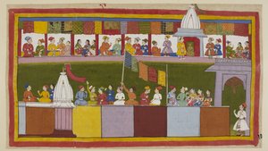 Die gleiche Straße in der Stadt Ayodhya ist jetzt vollständig dekoriert, und die Menschen warten auf die Prozession. Sie erzählen sich gegenseitig, wie weise der König ist und wie glücklich sie sind, Rama als ihren neuen Beschützer zu haben. von Indian School