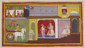 Add 15296 (1) f.18r, Vasistha kehrt in den Palast zurück und teilt Dasaratha mit, dass alles für die Zeremonie vorbereitet ist. Dasaratha zieht sich in eine innere Kammer des Palastes zurück. Oben schaut Kaikeyis Dienerin Manthara aus einem oberen Fenster  von Indian School