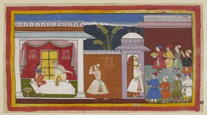 Add 15296 (1) f.27r, Vasistha hat Sumantra gesagt, er solle dem König mitteilen, dass alles bereit ist, und er informiert Dasaratha darüber. Er wird von Kaikeyi, mit Dasarathas stillschweigender Zustimmung, angewiesen, Rama zu holen. Vor dem Palasteingang  von Indian School