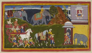 Bharata, Shatrughna und ihr Onkel kommen im Palast des Königs von Kekaya an