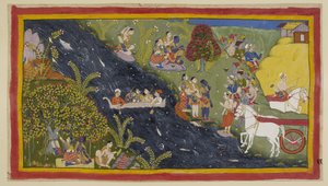 Die Gefährten haben den Fluss Ganges erreicht und Guha, der Nisada-Häuptling, ist gekommen, um sie zusammen mit einigen seiner Leute aus ihrer nahegelegenen Stadt zu begrüßen. Rama bittet ihn, ein Boot bereitzustellen, damit sie den Fluss überqueren können