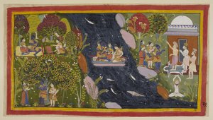 Bharadvāja, rechts in seiner Einsiedelei, berät die Reisenden über den Weg nach Citrakuta. In der Mitte überqueren sie die Yamuna auf einem improvisierten Floß, wobei Sita erneut zur Göttin des Flusses für eine sichere Rückkehr betet von Indian School