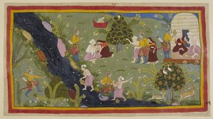 Add 15296 (1) f.79r, Dasaratha erzählt den Königinnen von dem Vorfall in seiner Jugend, als er versehentlich den Sohn eines Weisen beim Jagen tötete. Links zielt Dasaratha irrtümlich durch die Bäume auf den Jungen, der seinen Wasserkrug füllt.