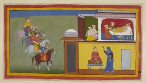 Die vier Boten zu Pferd nähern sich der Stadt Kekaya, während Diener versuchen, Bharata zu wecken, der beunruhigende Träume über seinen Vater hatte. In einem von ihnen, unten gezeigt, ist der König schlicht gekleidet und sitzt auf einem eisernen (hier blau von Indian School