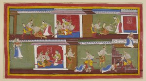 Oben rechts begrüßen Bharata und Shatrughna Kaikeyi, die sie auf ihren Schoß nimmt, und sie sprechen über die jüngsten Ereignisse. Bharata fällt in Ohnmacht, als er vom Tod seines Vaters und von dem, was seine Mutter getan hat, um seine Nachfolge zu sicher