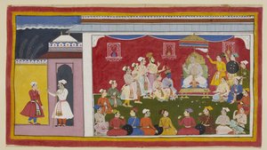 Dasaratha sitzt auf seinem Thron im vollen Durbar, mit Rama und Laksmana, die neben ihm knien, während der Bote, den Bharata vom Hof seines Großvaters geschickt hat, dem König erzählt, wie fleißig seine anderen beiden Söhne studieren. Ein Ring von C von Indian School