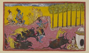 Sugriva und seine Affen, oben links zu sehen, erzählen Rama und Laksmana die Geschichte von Bāli und Dundubhi. Bāli war so mächtig, dass er den Dämon Glied für Glied zerreißen und dann die Leiche in die Luft schleudern konnte. von Indian School