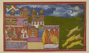 Sugriva sitzt auf seinem Thron und nimmt von einem Diener ein Getränk entgegen, nachdem er von Hanuman beraten wurde, Laksmana zu besänftigen. Sugriva hat auf Hanumans Drängen Boten ausgesandt, um seine Truppen zu versammeln