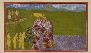 An den Ufern des großen Ozeans waren die Affen bestürzt, wie sie ihn überqueren könnten, um Laṅkā zu erreichen. Angada fragte sie alle, wie weit sie springen könnten, aber keiner war zuversichtlich, so weit zu springen, bis Jāmbavān Hanuman drängte. von Indian School