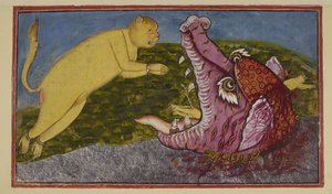 Die Mutter der Schlangen Surasā, die am Grund des Ozeans lebt, wird von den Göttern gedrängt, Hanuman zu testen, und hat sich in ein großes Seeungeheuer mit mächtigen Kiefern, rot, lila und mit Zähnen verwandelt. von Indian School