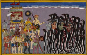 Ravana steigt in die Wasserregionen oder Rasatala hinab, die Hölle am Grund des Ozeans. Vasuki, der Gott des Wassers, und die Nagas sind mit gefalteten Händen dargestellt, die von Ravana in seinem von Dämonen umgebenen Wagen unterworfen werden