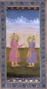 Akbar überreicht seinem Sohn Jahangir eine juwelenbesetzte Feder